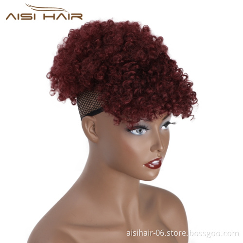 Aisi Hair Cheap Price Afro Puff Heat Resistant Fiber Chignon Bun Vendors Short Afro Curly Updo Hair Synthetic Bun With Fringe